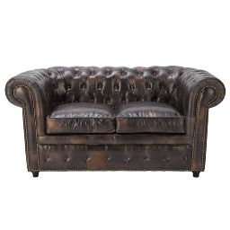 Canapé Chesterfield 2 places fixe cuir marron moka Vintage