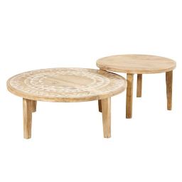 2 tables basses en manguier massif motifs blancs Caraiba - 80x36x80cm - Maisons du Monde