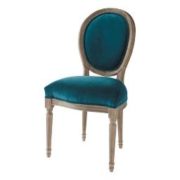Velvet and solid oak medallion chair in peacock blue Louis